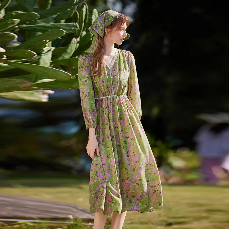 LOUISY AO Long-Sleeved Dresses Women's Green Floral-3