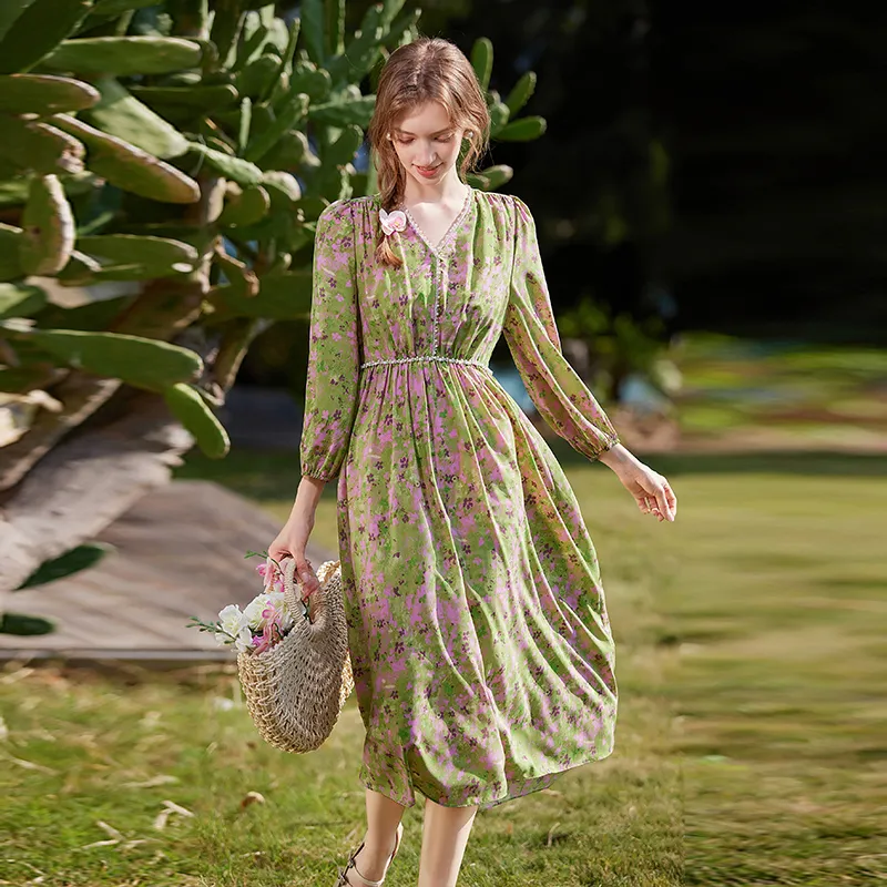 LOUISY AO Long-Sleeved Dresses Women's Green Floral-4
