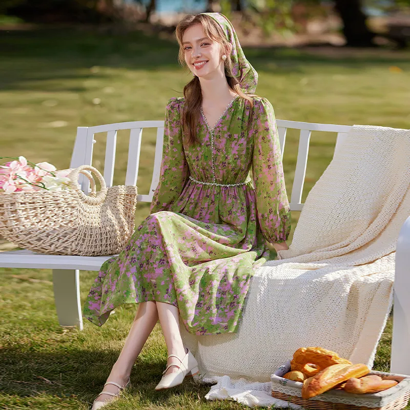 LOUISY AO Long-Sleeved Dresses Women's Green Floral-1