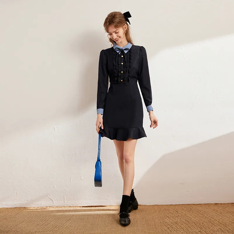 LOUISY AO Long Sleeved Dress Women's Navy Blue-3