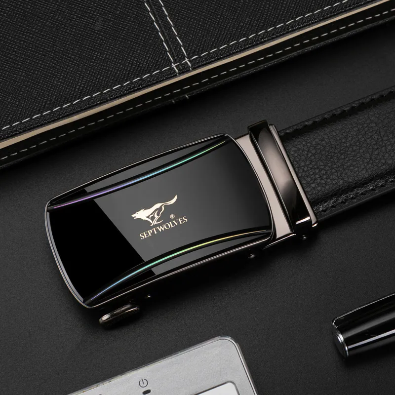 SEPTWOLVES Automatic Buckle Business New Arrival Leather Belts Men's Black Width 3.5CM-3
