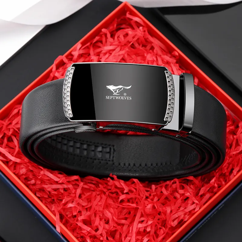 SEPTWOLVES Cow Leather Leather Belts Men's Black Width 3.5CM-3