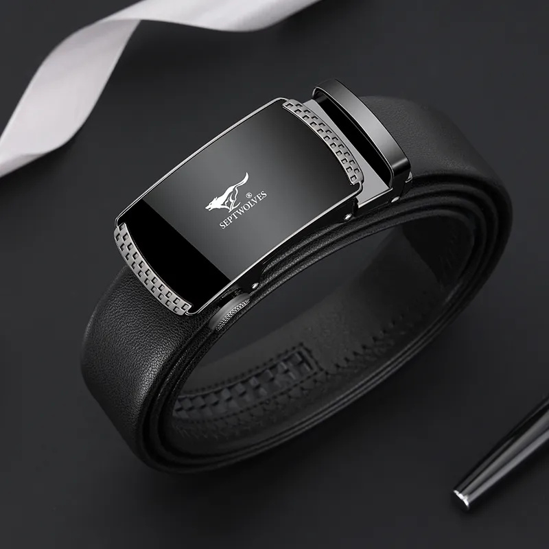 SEPTWOLVES Cow Leather Leather Belts Men's Black Width 3.5CM-4