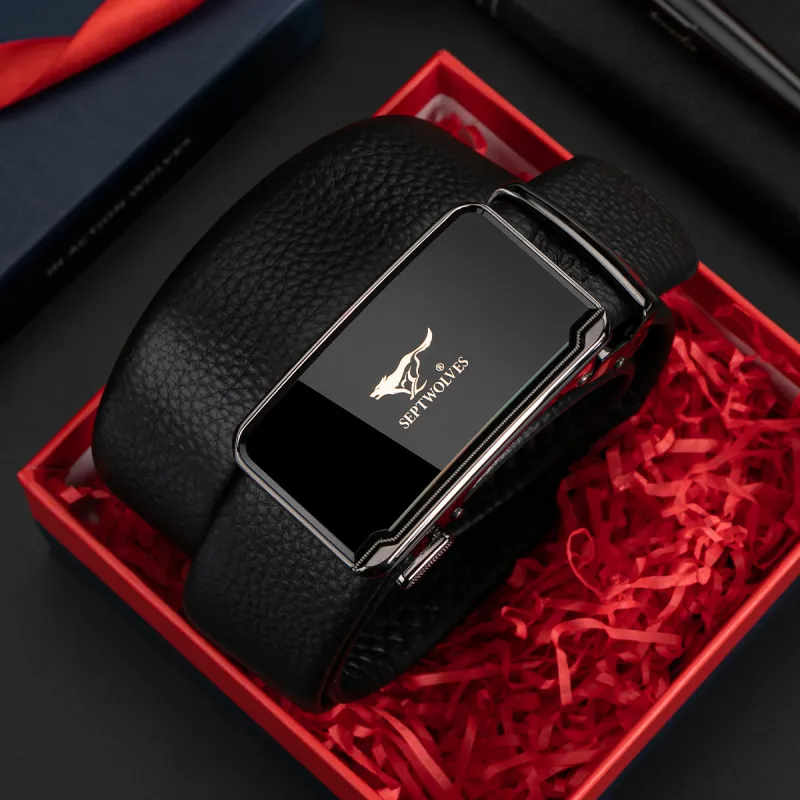 SEPTWOLVES Fine Texture Pattern Automatic Buckle Leather Belts Men's Black Width 3.5CM-2