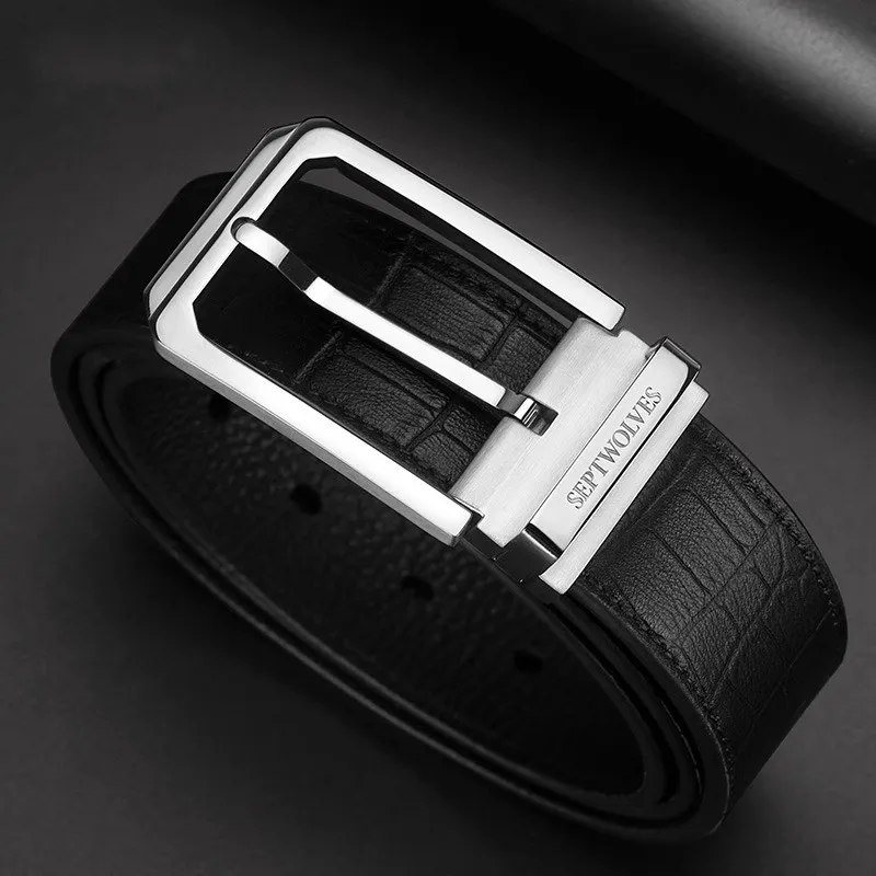 SEPTWOLVES Business Chic Trendy Pin Buckle Cow Leather Belt Suit Trouser Set Leather Belts Men's Width 3.4cm-1
