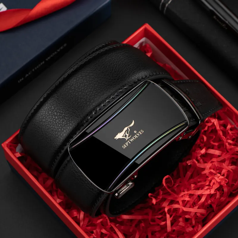 SEPTWOLVES Automatic Buckle Business New Arrival Leather Belts Men's Black Width 3.5CM-5