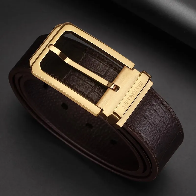 SEPTWOLVES Business Chic Trendy Pin Buckle Cow Leather Belt Suit Trouser Set Leather Belts Men's Width 3.4cm-4
