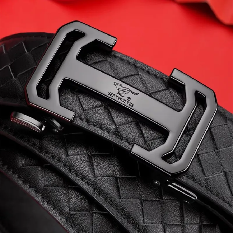 SEPTWOLVES Genuine Leather Automatic Buckle Belt Supple Cowhide Belt Width 3.55CM Leather Belts Men's-2