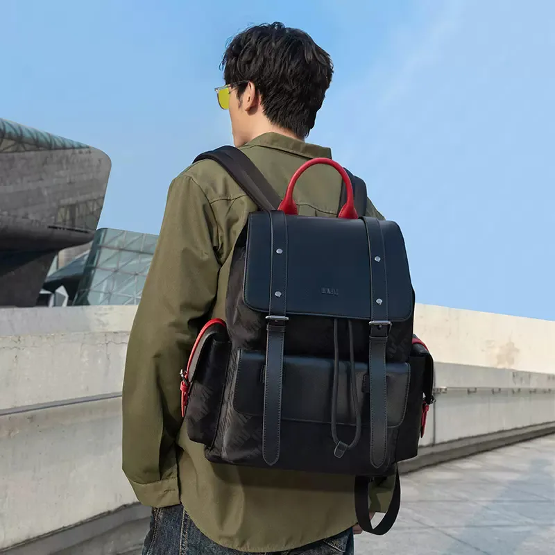 SEPTWOLVES Fabric PU Laptop Backpack Unisex Black-4