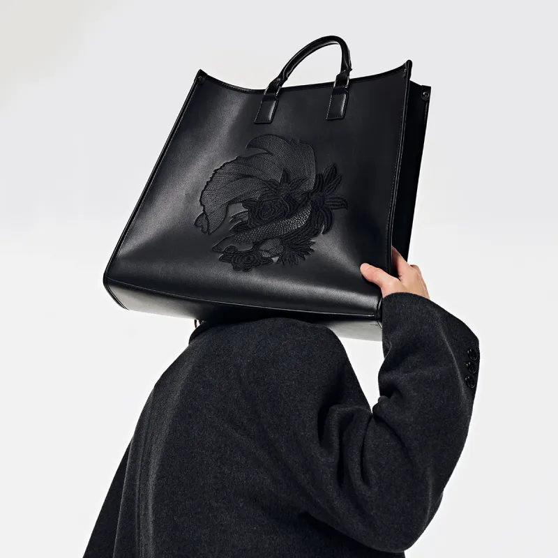 Yawei Kuroda PU Tote Handbag Shoulder Bag Large Size Unisex Black-7