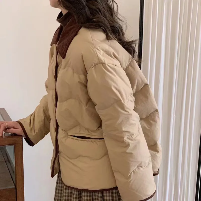 PAZZO Patchwork Corduroy Lapel Loose Fit Thermal Puffer Jacket Women's-22