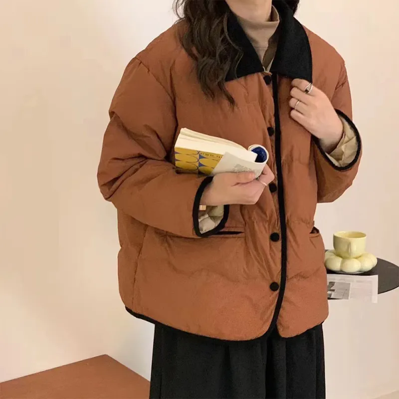 PAZZO Patchwork Corduroy Lapel Loose Fit Thermal Puffer Jacket Women's-16