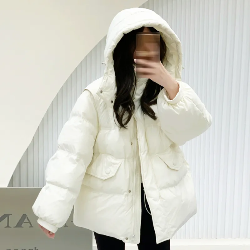 PAZZO Korean Style Hooded Mid Length Casual Loose Fit Thickened Cinched Waist Down Jacket Women's-2