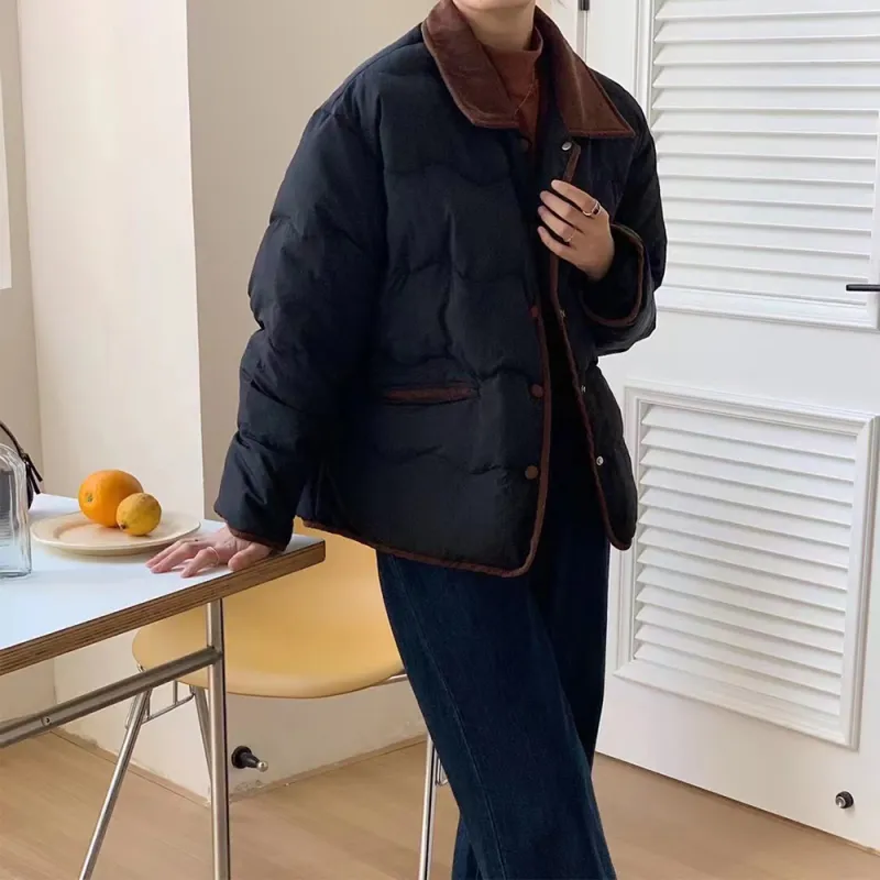 PAZZO Patchwork Corduroy Lapel Loose Fit Thermal Puffer Jacket Women's-11
