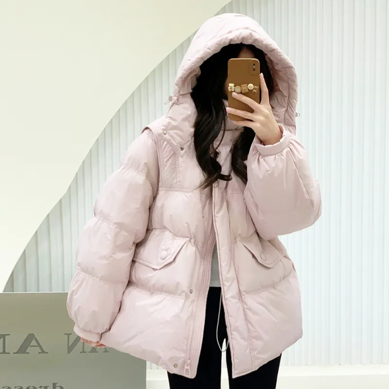 PAZZO Korean Style Hooded Mid Length Casual Loose Fit Thickened Cinched Waist Down Jacket Women's-7