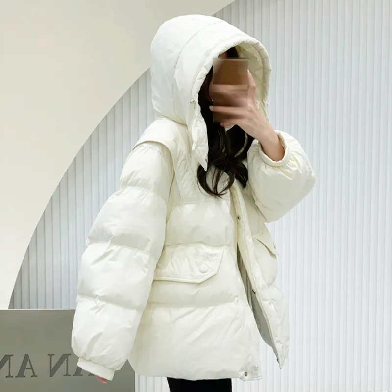 PAZZO Korean Style Hooded Mid Length Casual Loose Fit Thickened Cinched Waist Down Jacket Women's-3