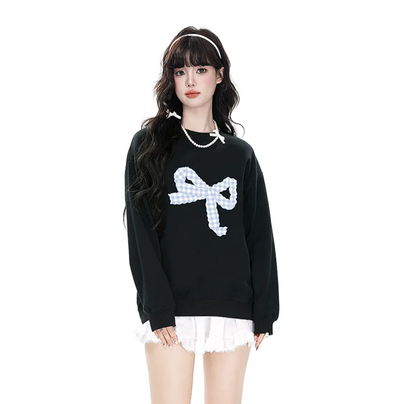 PAZZO Cute Bowknot Print Crew Neck Sweatshirt Women's-2
