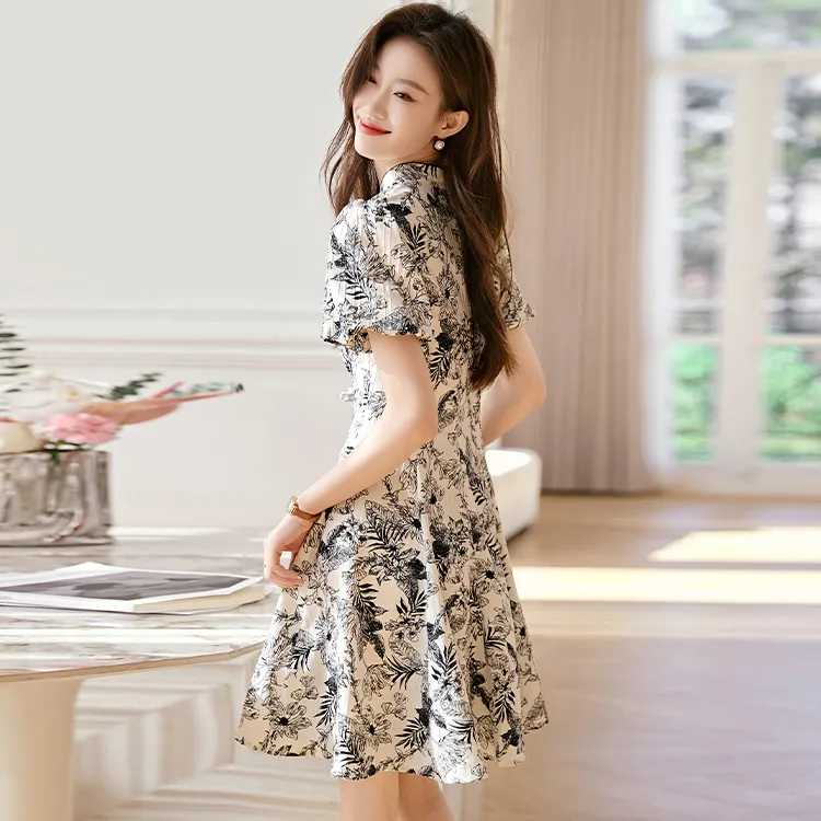 PAZZO Short Sleeved Dress Women's Black Floral White Base-6
