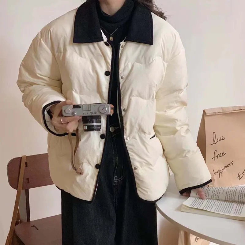 PAZZO Patchwork Corduroy Lapel Loose Fit Thermal Puffer Jacket Women's-3