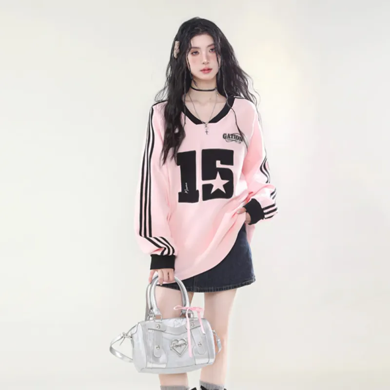 PAZZO Sporty Style V Neck Webbing Sweatshirt Women's-3