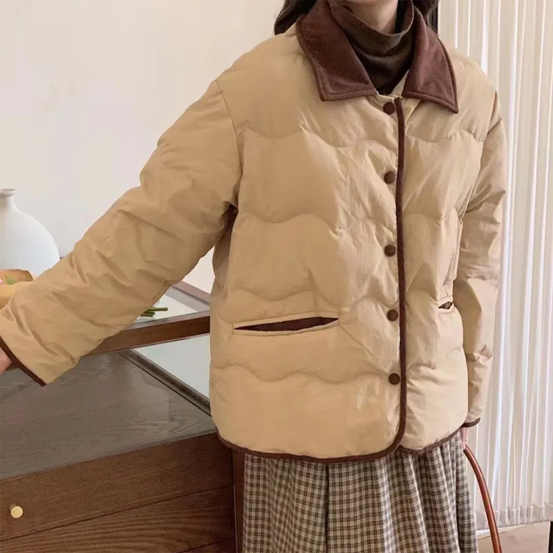 PAZZO Patchwork Corduroy Lapel Loose Fit Thermal Puffer Jacket Women's-20