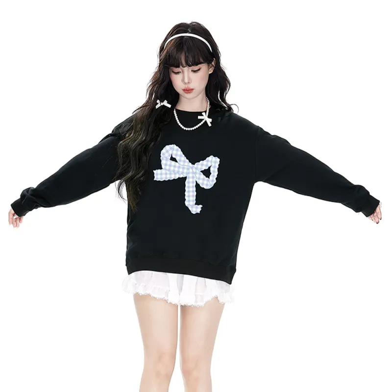 PAZZO Cute Bowknot Print Crew Neck Sweatshirt Women's-3