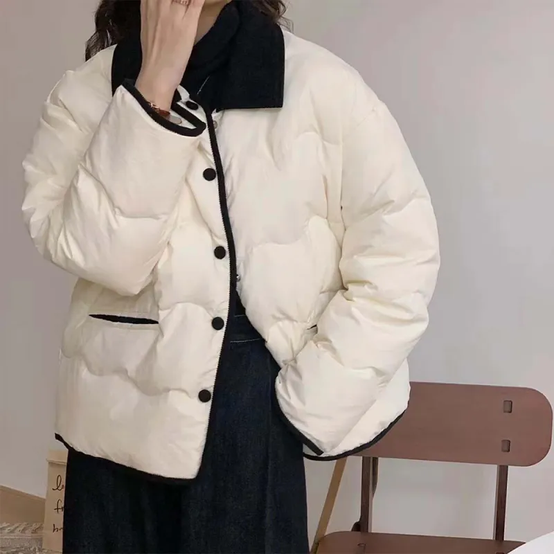PAZZO Patchwork Corduroy Lapel Loose Fit Thermal Puffer Jacket Women's-2