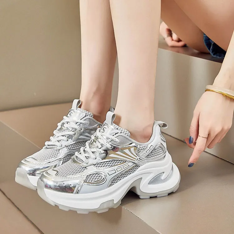 WJA Slip Resistant, Abrasion Resistant, Breathable, Lightweight Low Top Chunky Sneakers Women's Silver-3