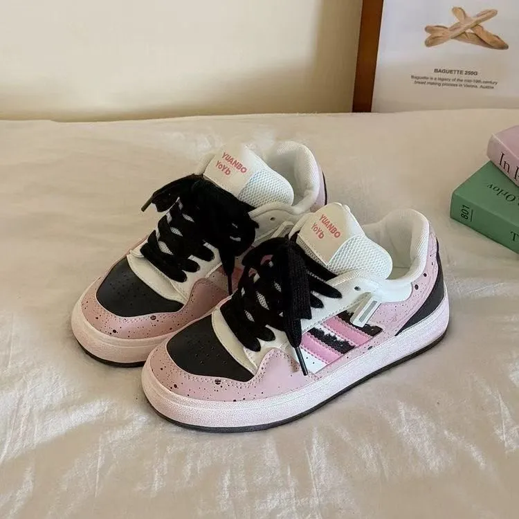 WJA Slip Resistant Cushioning Wear Resistant Lightweight Low Top Skateboard Shoes Women's Black Pink-4