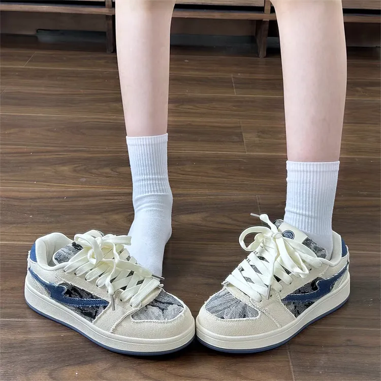 WJA Anti Slip Wear Resistant Lightweight Breathable Low Top Skateboard Shoes Women's Denim Blue-1