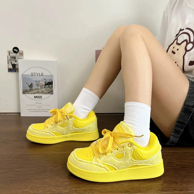 WJA Slip-Resistant Cushioning Wear-Resistant Lightweight Low-Top Skateboard Shoes Women's Electric Mother Yellow-2