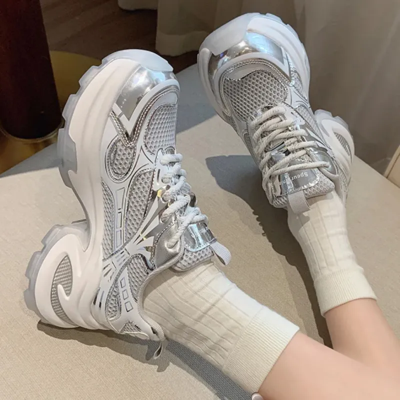 WJA Slip Resistant, Abrasion Resistant, Breathable, Lightweight Low Top Chunky Sneakers Women's Silver-5