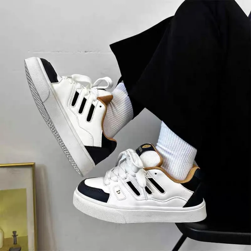 WJA Anti Slip Wear Resistant Lightweight Breathable Low Top Skateboard Shoes Women's Black White-3