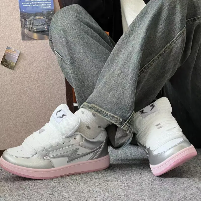 WJA Slip Resistant Cushioning Impact Resistance Wear Resistant Lightweight Low Top Skateboard Shoes Women's Silver Pink-3