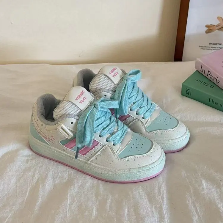 WJA Slip Resistant Cushioning Impact Resistance Wear Resistant Lightweight Low Top Skateboard Shoes Women's Pink Green-1