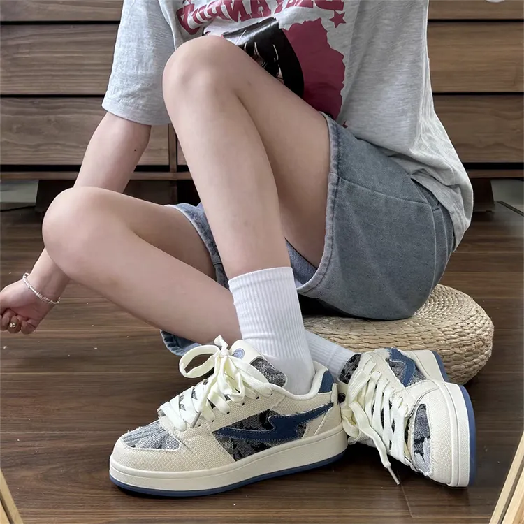 WJA Anti Slip Wear Resistant Lightweight Breathable Low Top Skateboard Shoes Women's Denim Blue-2