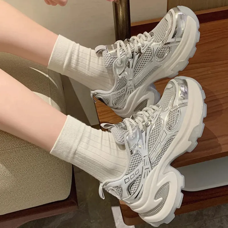 WJA Slip Resistant, Abrasion Resistant, Breathable, Lightweight Low Top Chunky Sneakers Women's Silver-6