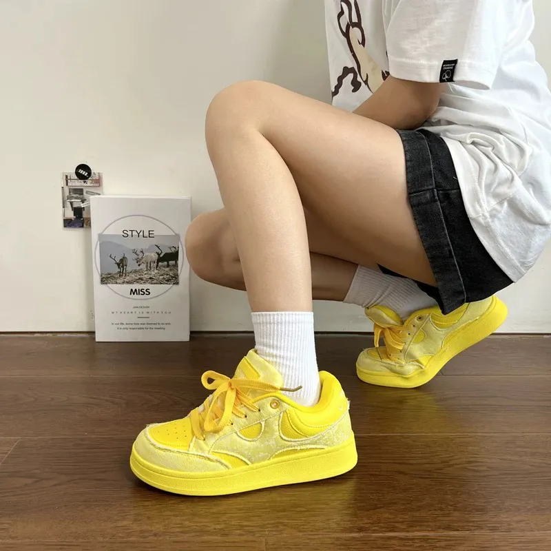 WJA Slip-Resistant Cushioning Wear-Resistant Lightweight Low-Top Skateboard Shoes Women's Electric Mother Yellow-3