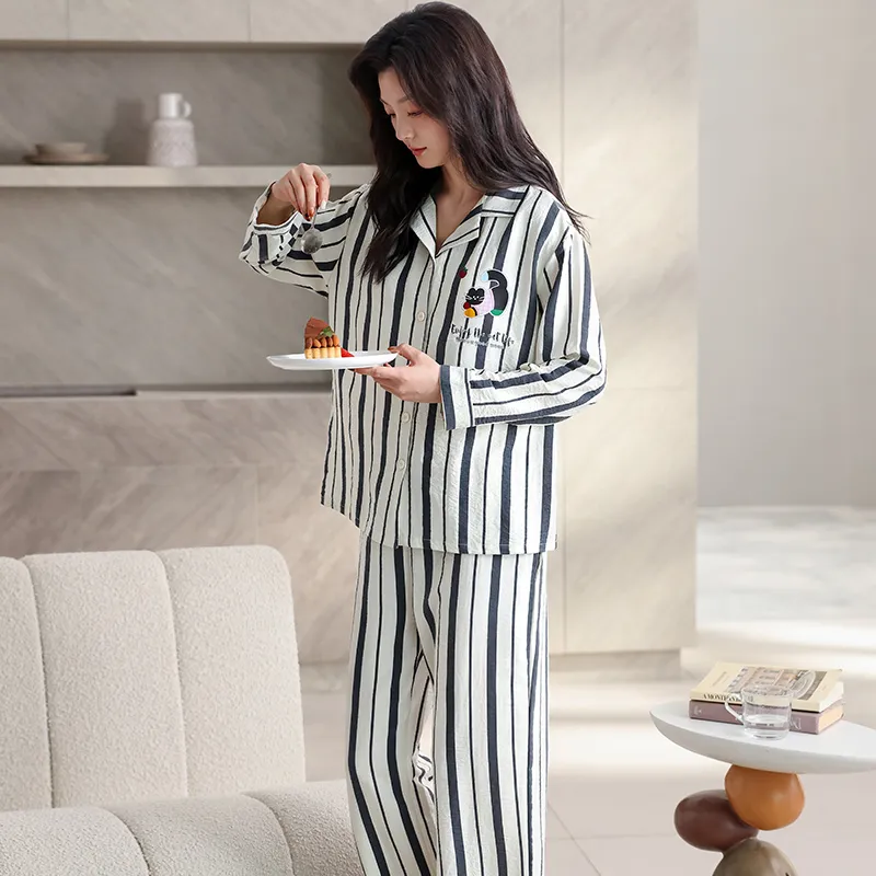 Lanza Pajama Set Women's Vertical Striped Cats-5