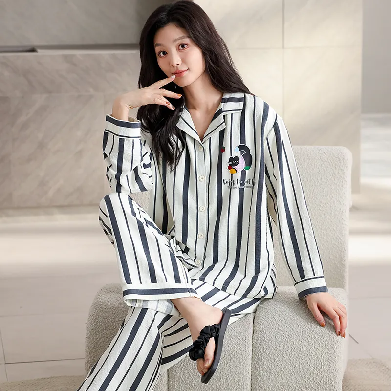 Lanza Pajama Set Women's Vertical Striped Cats-2
