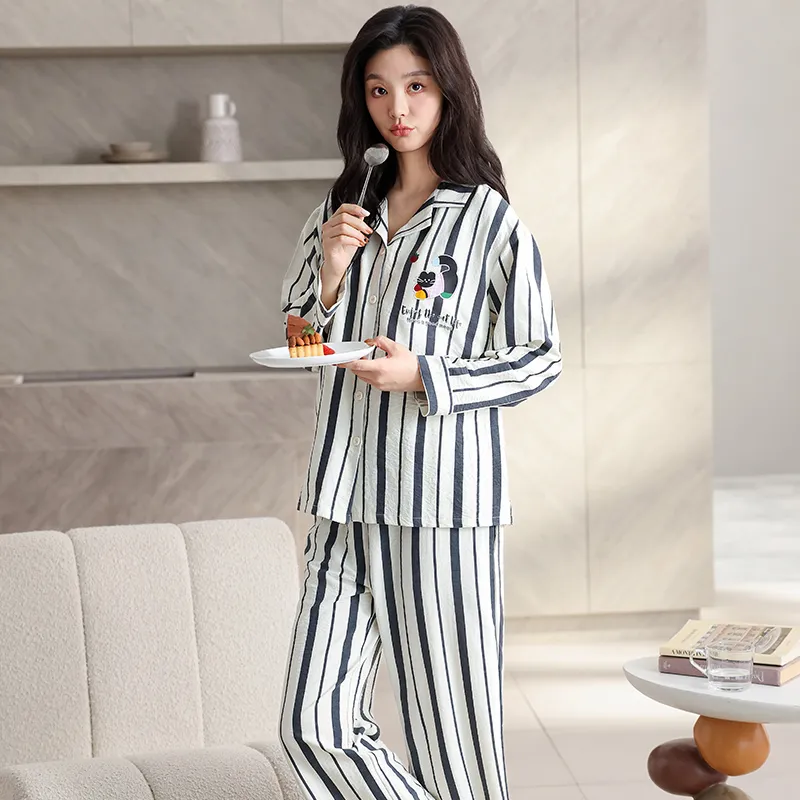 Lanza Pajama Set Women's Vertical Striped Cats-4