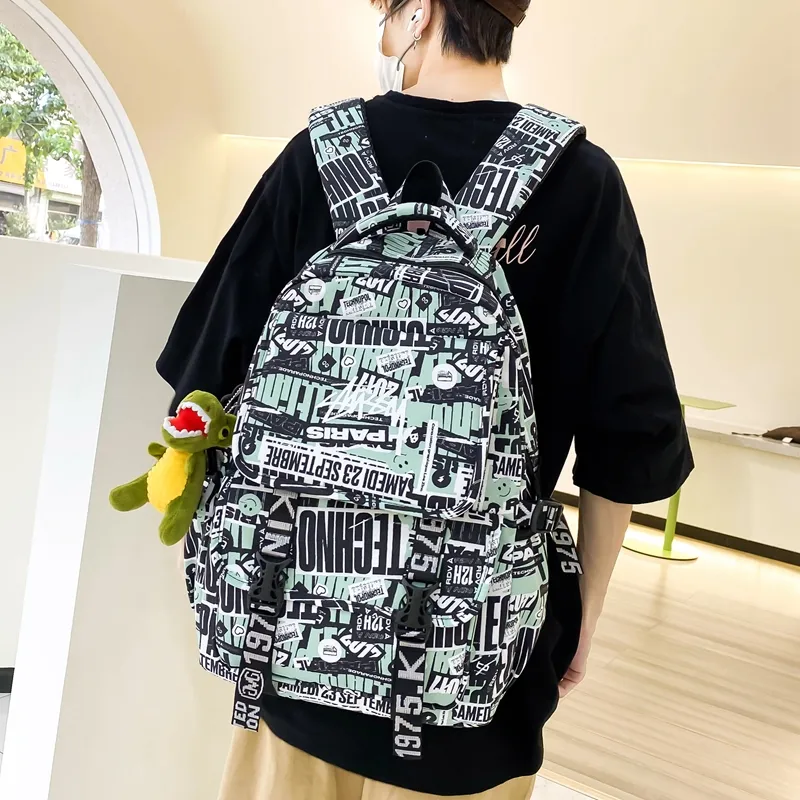 Deli Bear Nylon Fabric Backpack Large Size Unisex Green/Multicolor/White/Black White-16
