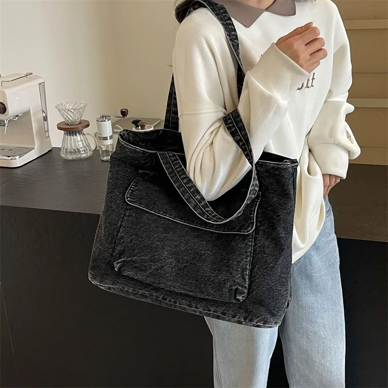 OUZIHUANG Denim One Shoulder Handbag Women's Dark Tea/Blue-5