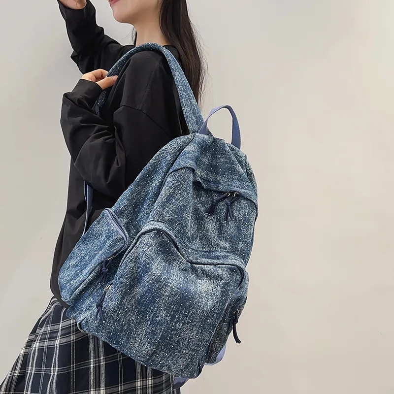 OUZIHUANG Denim Backpack Regular Unisex Black/Dark Blue/Light Blue-11