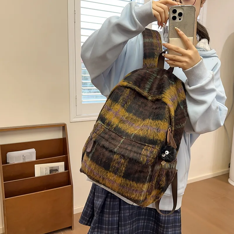 OUZIHUANG Woolen Backpack Regular Women's Pink/Green/Brown/Purple-14