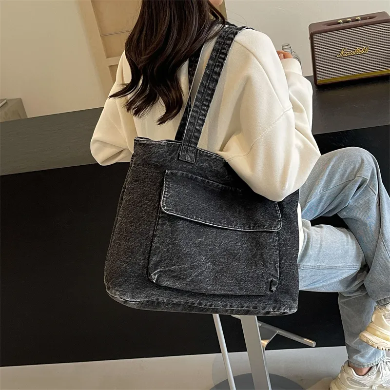 OUZIHUANG Denim One Shoulder Handbag Women's Dark Tea/Blue-4