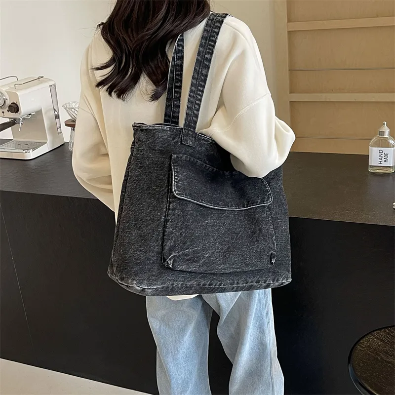 OUZIHUANG Denim One Shoulder Handbag Women's Dark Tea/Blue-3