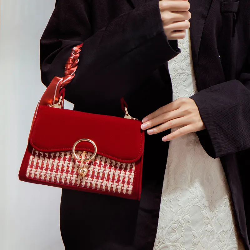 OUZIHUANG Woolen Shoulder Bag, Crossbody Bag, Handbag Regular Women's Burgundy-5