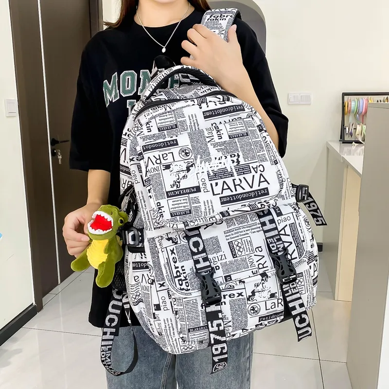 Deli Bear Nylon Fabric Backpack Large Size Unisex Green/Multicolor/White/Black White-5