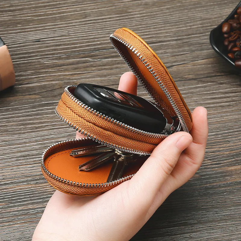 OUZIHUANG Cow Leather Key Pouch Storage Bag Regular Unisex Coffee/Light Brown/Burgundy-4